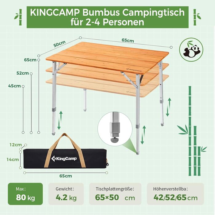 Складний бамбуковий стіл для кемпінгу 65 x 50 см KingCamp
