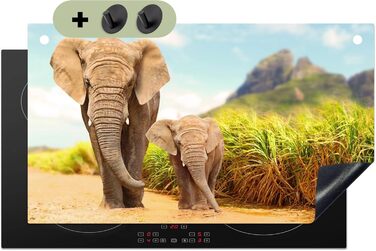 Фартух для плити, кухонний фартух, вініл, 78x52 см, декор для кухні, облицювання стіни, кришка для плити - сіро-чорна (слони - тварини, 52,7Д x 91,6Ш см)