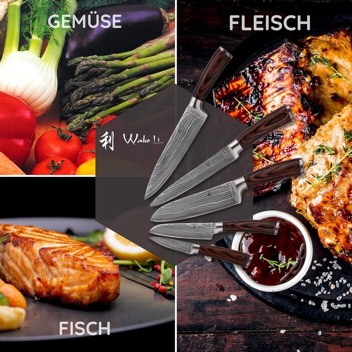 Набір кухонних ножів 5 предметів з дамаської сталі  Wakoli