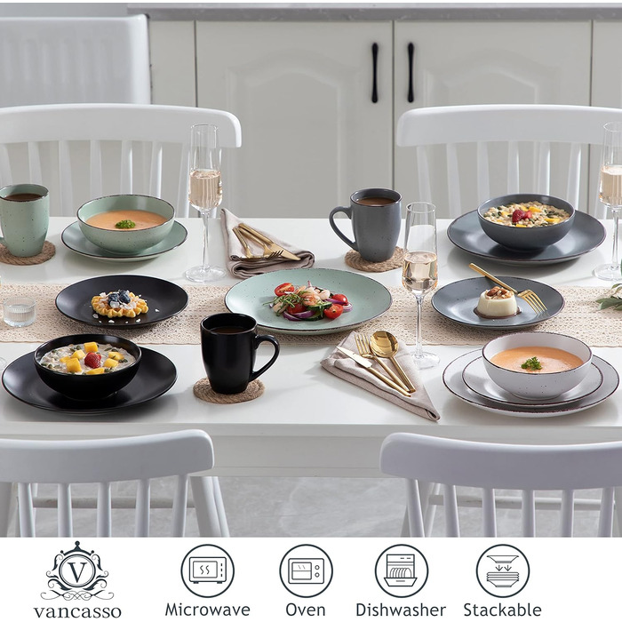 Столовый сервиз из керамогранита, набор посуды vancasso MODA, винтажный вид, комбинированный сервиз из 40 предметов с 8 тарелками, тарелками для тортов, суповыми тарелками, мисками и чашками каждая (разноцветный, 32 предмета)