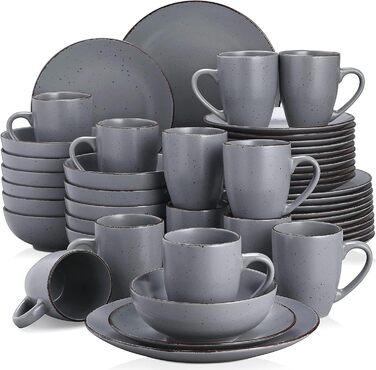 Столовый сервиз из керамогранита, набор посуды vancasso MODA, винтажный внешний вид, комбинированный сервиз из 40 предметов с 8 тарелками, тарелками для тортов, суповыми тарелками, мисками и чашками каждая (серый, набор посуды 48 шт.)