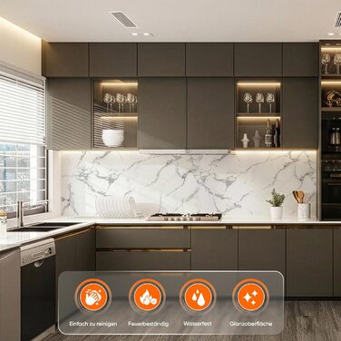 Стінові панелі IZODEKOR під мармур 60x120 см Панель для кухонного фартуха ПВХ-облицювання стін для кухні, ванної кімнати Бризкозахисний екран для кухні Водонепроникний та термостійкий (4 панелі 4 монтажних клею, Carrara)