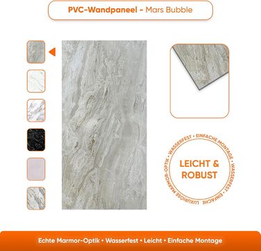 Стінові панелі IZODEKOR під мармур 60x120 см Панель для кухонного фартуха ПВХ-облицювання стін для кухні, ванної кімнати Бризкозахисний екран для кухні Водонепроникний та термостійкий (4 панелі 4 монтажних клею, Mars Bubble)