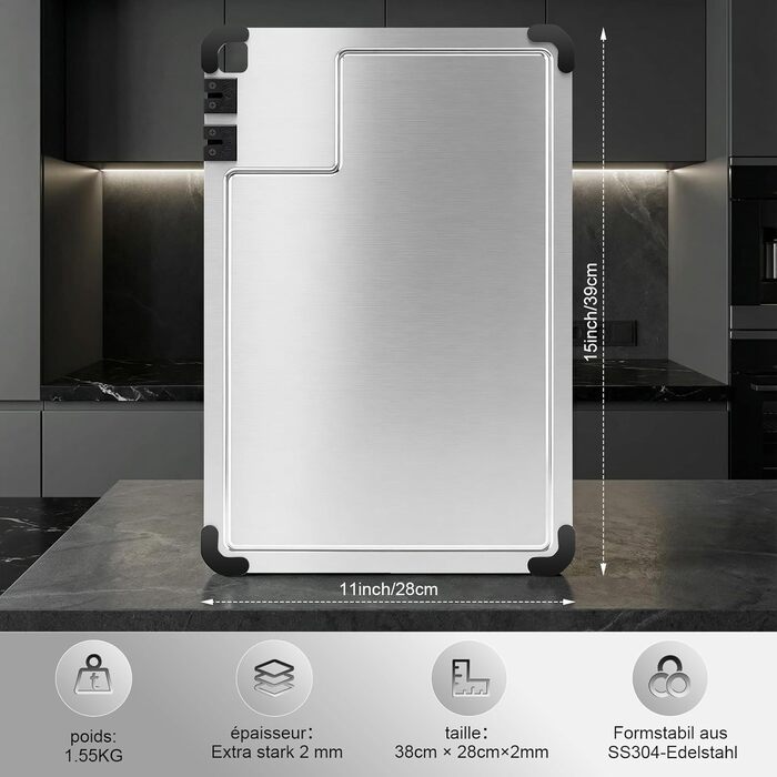 Разделочная доска из нержавеющей стали 38 x 28 см с точилкой для ножей и силиконовыми уголками Bafeil