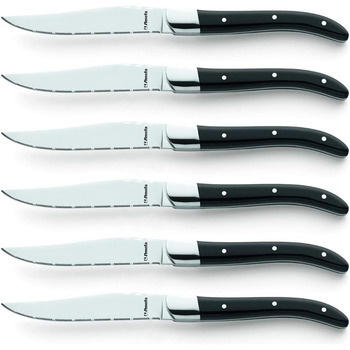 Набір ножів для стейків Amefa ROYAL STEAK Laguiole, 6 предметів, зубчастий край, 3-кратна клепана дерев'яна ручка, професійний набір стейків, столові прибори для стейків, у футлярі з цінних порід дерева, сталеве лезо 13/0, темне (чорне)