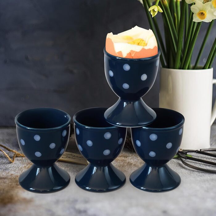 Керамічні чашки для яєць Cinf у горошок, великодній подарунковий набір із 4 порцелянових підставок для сніданку, міцні, легко миються, багаторазові, великодній подарунок (синя крапка)