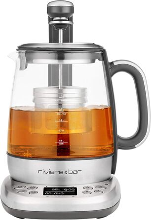 Чайник riviera&bar Cha Dao Expert з регульованою температурою, загартоване скло та нержавіюча сталь, тихий режим, оптимальне заварювання чаю, 1,5 л, 22 x 36,5 x 29,5 см