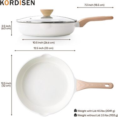 Сковорода 32 см зі скляною кришкою, біла Kordisen