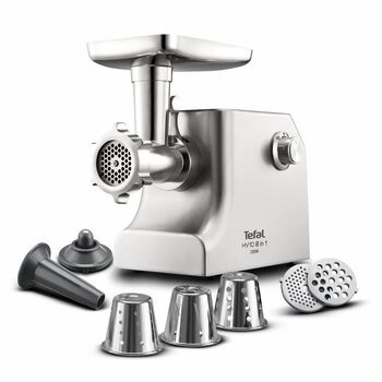 Tefal Мясорубка HV10 8in1, 2200Вт, 5.5кг/мин, 3 решетки, насадка для колбас, кеббе, 3 терки, металл