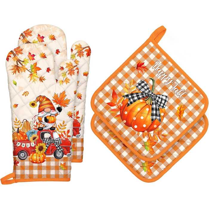 Набір з 2 кухонних рукавичок та підставок для каструль Arquiel Gnome Autumn Orange Checked, 100 бавовняні кулінарні рукавички, термостійкі кухонні рукавички для приготування їжі, осінній декор, подарунки для жінок (Gnome 01, 2 кухонні рукавички 2 підставк