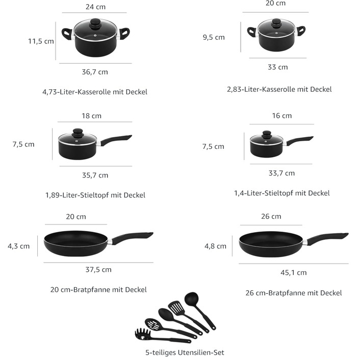 Набір посуду з антипригарним покриттям Kitchen-Profi Basics, 15 предметів, чорний
