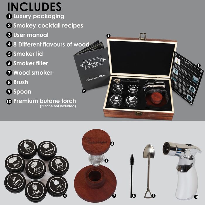 Набор для копчения коктейлей и классических напитков с факелом включает в себя 8 уникальных вкусов Smokeologist