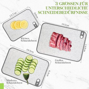 Набір обробних дощок BOCHION, пластикові дошки з іконками продуктів та піддоном, нековзні та без BPA, антибактеріальні дошки для риби, овочів, фруктів, мяса, хліба (набір з 3 шт., білі)