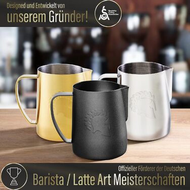 Глечик для молока Barista Legends з нержавіючої сталі 350 мл зі спеціальним носиком для лате-арту - Глечик для спінювання молока з високим глянцевим покриттям - Глечик для молока Barista з нержавіючої сталі - Аксесуари Barista (Ares Black)