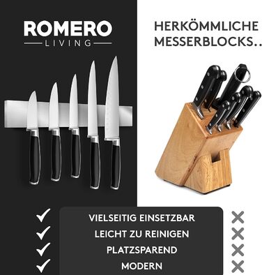 Ніж Romero Living з магнітною смужкою чорний 40см в т.ч. якісний скотч - самоклеючий тримач для ножів з - ножова планка магнітна для монтажу без свердління (Нержавіюча сталь)