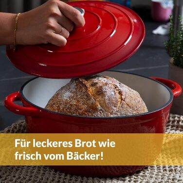 Чавунна каструля Chefarone 24 см, Емальована каструля з кришкою для випікання хліба, тушкування та запікання Хлібна каструля, сумісна з індукцією (червона, 4,7 л)