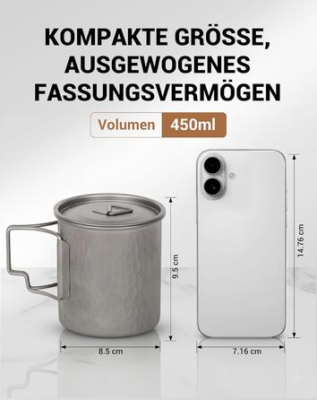 Туристическая кружка из титана с крышкой и складной ручкой 450 мл COOK'N'ESCAPE