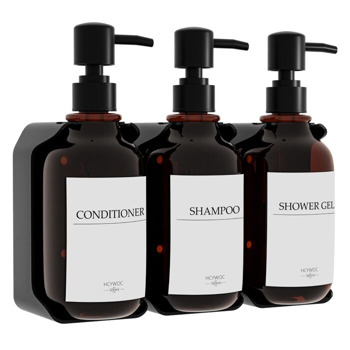 Набір з 3 дозаторів рідкого мила 500 мл з настінним тримачем, бурштиновий колір HCYWOC