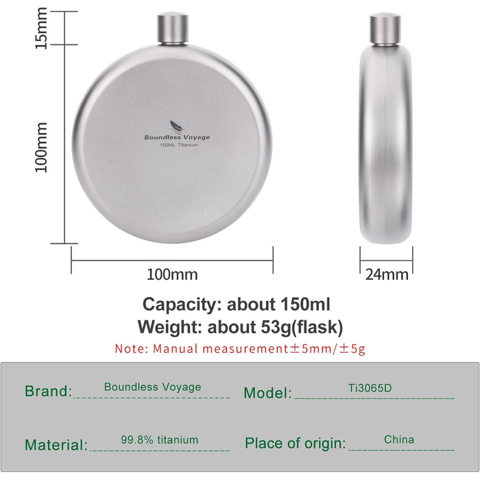 Мл Титановая фляга для бедра Карманный кувшин Открытый плоский бутылка для ликера Кемпинг Ультралегкий винный горшок с воронкой Ti3061D (круглая колба 150 мл с чашкой-ti3066D), 200