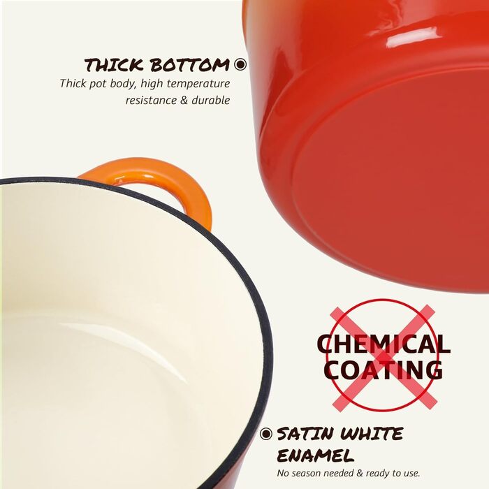 Чавунна форма для запікання Overmont Enamel - 26 см, придатна для використання в духовці, з кришкою та кулінарною книгою - для випікання, тушкування, запікання, білого кремового кольору (26 см-5,2 л, помаранчевий)