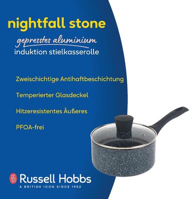 Каструля Russell Hobbs RH00845EU з антипригарним покриттям - 18 см/2 л з кришкою із загартованого скла, індукційна каструля, каструля для овочів/бульйону з бакелітовою ручкою та термостійким зовнішнім покриттям, каструля для приготування Nightfall Stone 1