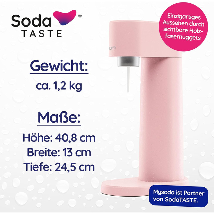 Набор для газирования воды, 4 предмета, классик + яблоко, розовый Mysoda Woody SodaTASTE