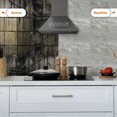 Стінові панелі IZODEKOR під мармур 60x120 см Панель для кухонного фартуха ПВХ-облицювання стін для кухні, ванної кімнати Бризкозахисний екран для кухні Водонепроникний та термостійкий (4 панелі 4 монтажних клею, Mars Bubble)