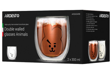 ARDESTO Double Walled Animals Cup Set, 300 мл, 2 шт, боросиликатное стекло