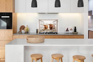 Панель кухонного фартуха, бризкозахисна панель, декор для кухні, алюмінієва панель, бризкозахисна панель для плити, альтернатива скляній панелі, чорна - з малюнком - суцільна - чорна - темна - (вид з вікна на шотландську високогірну худобу, 100x65 см)