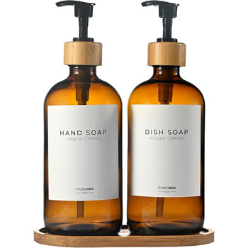 Диспенсер для мила 500 мл, набір 2 предмети на бамбуковій підставці, коричневе скло MaisoNovo
