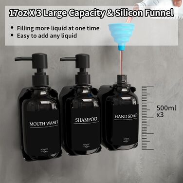 Набір з 3 дозаторів рідкого мила 500 мл з настінним тримачем, чорний колір HCYWOC