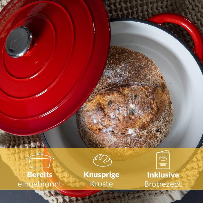 Чавунна каструля Chefarone 24 см, Емальована каструля з кришкою для випікання хліба, тушкування та запікання Хлібна каструля, сумісна з індукцією (червона, 4,7 л)