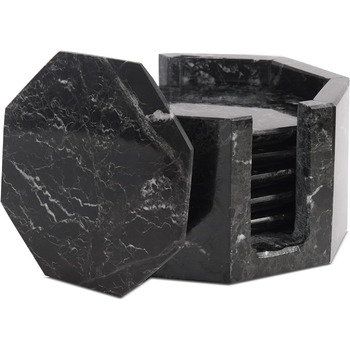 Підставки під чашки з оніксу, 8.9 см, ручної роботи, з підставкою, 6 шт. (Чорні) - для офісу, напоїв, кави, бару та обіднього столу