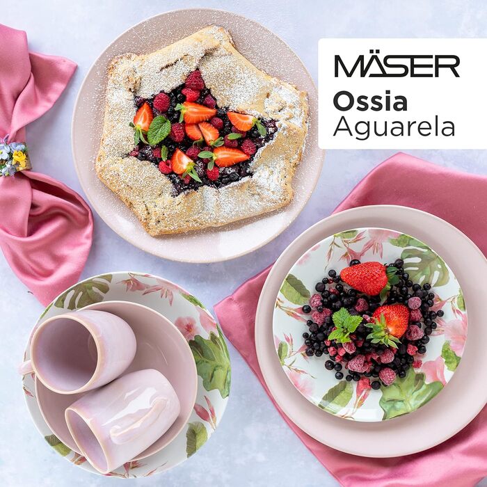 Набір тарілок на 6 персон у частково декорованому вінтажному вигляді, обідній сервіз із 12 предметів, що складається з 6 обідніх тарілок рожевого кольору та 6 супових тарілок з квітковим декором, екзотичний, керамограніт, 931926 Ossia Aguarela