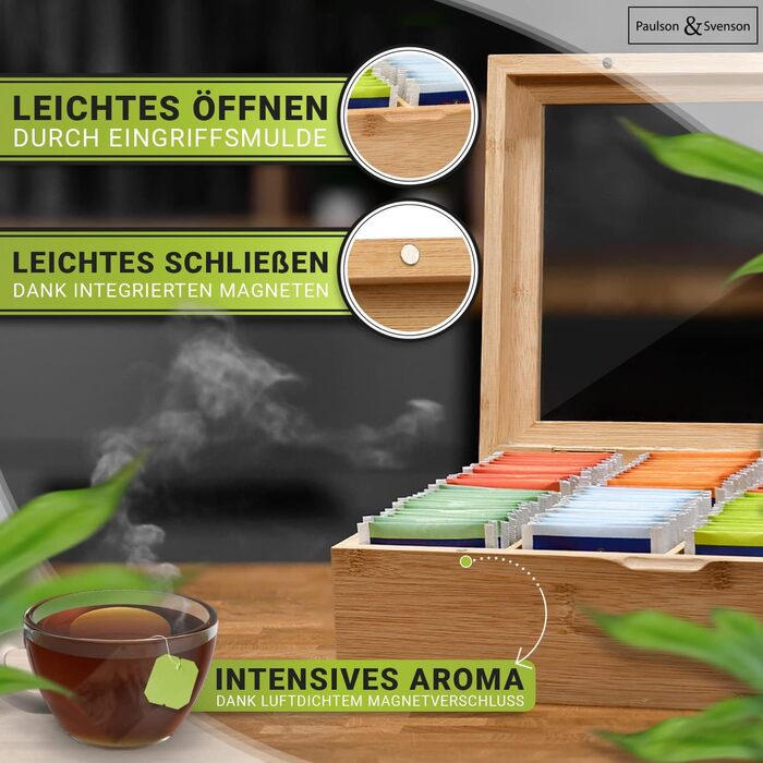 Екологічна чайна коробка з 8 дерев&39яними відділеннями - Герметичне зберігання чайних пакетиків виготовлене з сертифікованого бамбука - Органайзер для чаю з магнітною застібкою та скляною кришкою - Зберігання чайних пакетиків