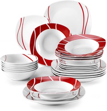 Серия Felisa, 24 предмета Набор фарфорового столового сервиза с 6 плоскими тарелками, 6 тарелками для тортов, 6 суповыми тарелками и 6 мисками на 6 персон Сервиз из 24 блюд с мисками