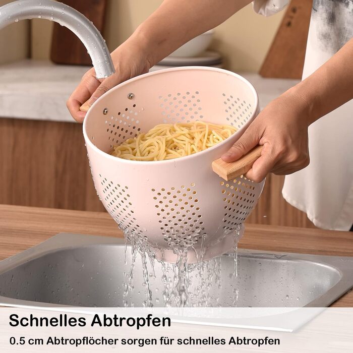 Металеве сито для пасти з дерев&39яною ручкою та стабільною основою, велике кухонне сито 22 см для пасти, овочів та фруктів, міцне кухонне сито (рожеве)