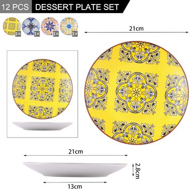 Фарфоровая десертная тарелка, цветная тарелка для торта 12 шт., плоская тарелка Ø 21,5 см для завтрака (жасмин, десертная тарелка из 12 предметов)