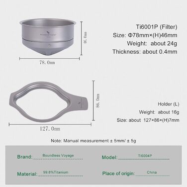 Титановый кофейный фильтр над безбумажным фильтром для кофе Наливание Легкий портативный на открытом воздухе Кемпинг Домашний сад Офис Многоразовая пипетка для кофе (Ti6004P Фильтр и держатель (L))