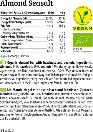 Органічні горіхові батончики HEJ Bite - Низьковуглеводна закуска з горіхами - Веганський енергетичний батончик з мигдалем, фундуком та арахісом - Без глютену - Мигдаль та морська сіль 12 x 40 г Мигдаль та морська сіль 12 шт. (упаковка з 1)