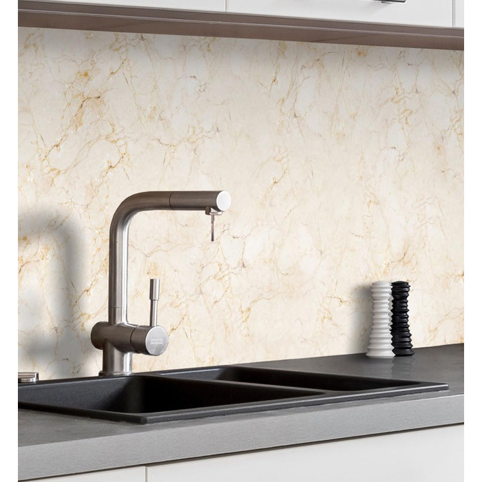 Самоклеючий кухонний фартух - матовий, жорстка плівка-бризкозахисний матеріал як доступна альтернатива склу, легке встановлення та очищення - висота 60 см - Дизайн Кам&39яна стіна чорного кольору 80 x 60 см (Бежевий мармур 02, Ш 340 см x В 60 см, 0,2 мм)