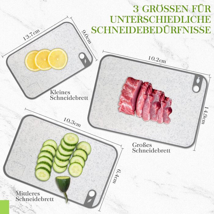 Набір обробних дощок BOCHION, пластикові дошки з іконками продуктів та піддоном, нековзні та без BPA, антибактеріальні дошки для риби, овочів, фруктів, мяса, хліба (набір з 3 шт., білі)