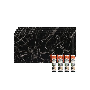 Стінові панелі IZODEKOR під мармур 60x120 см Панель для кухонного фартуха ПВХ-облицювання стін для кухні, ванної кімнати Бризкозахисний екран для кухні Водонепроникний та термостійкий (4 панелі 4 монтажних клею, чорно-білий)