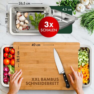Бамбукова обробна дошка 40 x 28,5 см з 3 лотками для збору з нержавіючої сталі Blumtal