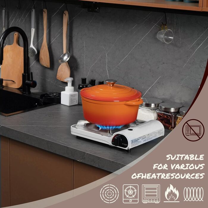 Чавунна форма для запікання Overmont Enamel - 26 см, придатна для використання в духовці, з кришкою та кулінарною книгою - для випікання, тушкування, запікання, білого кремового кольору (26 см-5,2 л, помаранчевий)