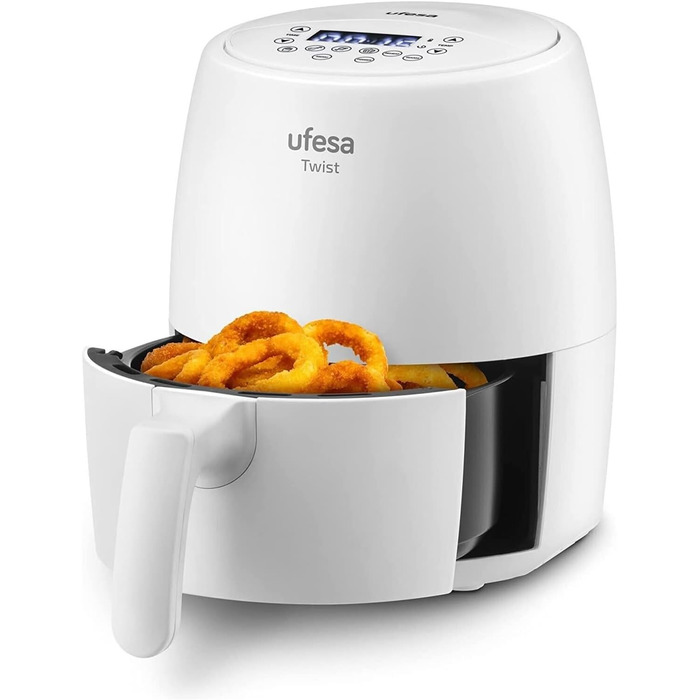 Аерофритюрниця Ufesa Twist, 2 л, мультипіч із 6 програмами, 1200 Вт, годинник, температура від 80C до 200C, без бісфенолу А, антипригарний, прохолодний на дотик, білий, ексклюзивний для Kitchen-Profi 2 л Twist