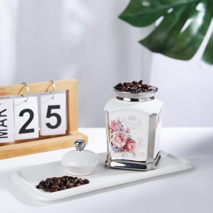 Порцелянова банка для печива Fanquare, Ø 19 см, банка для зберігання з вінтажним квітковим візерунком та кришкою, банка для печива та солодощів (білий квітковий візерунок)