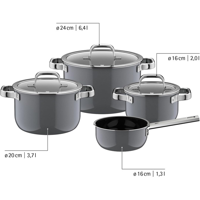 Набор из 4 кастрюль со стеклянными крышками, серый Fusiontec Mineral Pro WMF