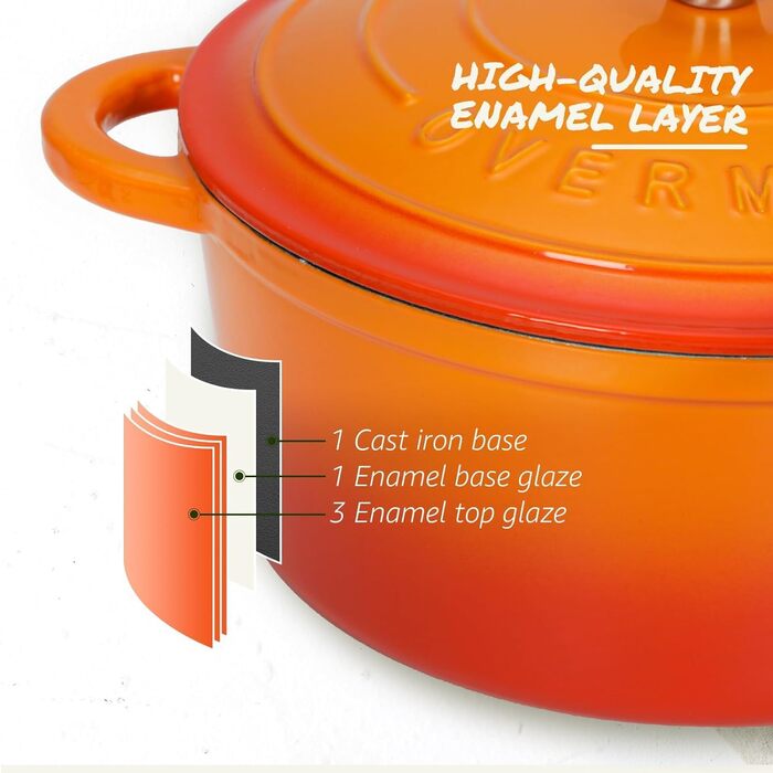 Чавунна форма для запікання Overmont Enamel - 26 см, придатна для використання в духовці, з кришкою та кулінарною книгою - для випікання, тушкування, запікання, білого кремового кольору (26 см-5,2 л, помаранчевий)