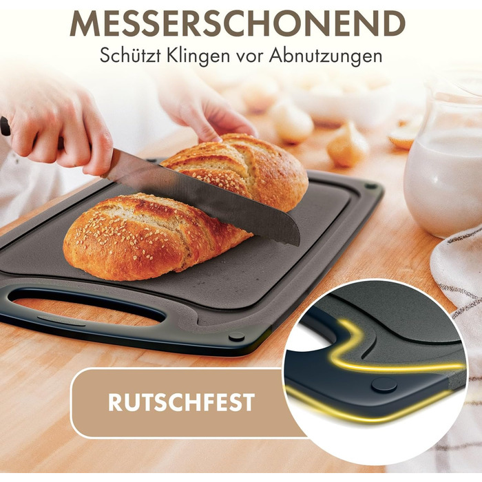 Набір обробних дощок Blumtal 3 розміри (S/M/L) - Велика пластикова обробна дошка з пазами для соку та ручкою - Міцна кухонна обробна дошка без BPA (сіра, комплект з 3 предметів)